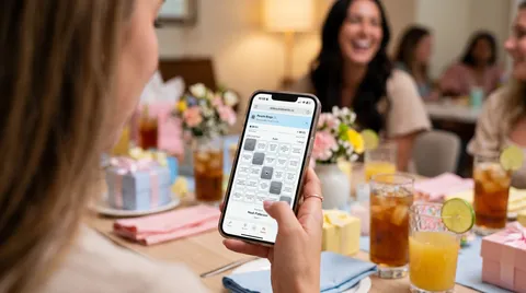 Baby shower guests laughing together while playing People Bingo on their phones