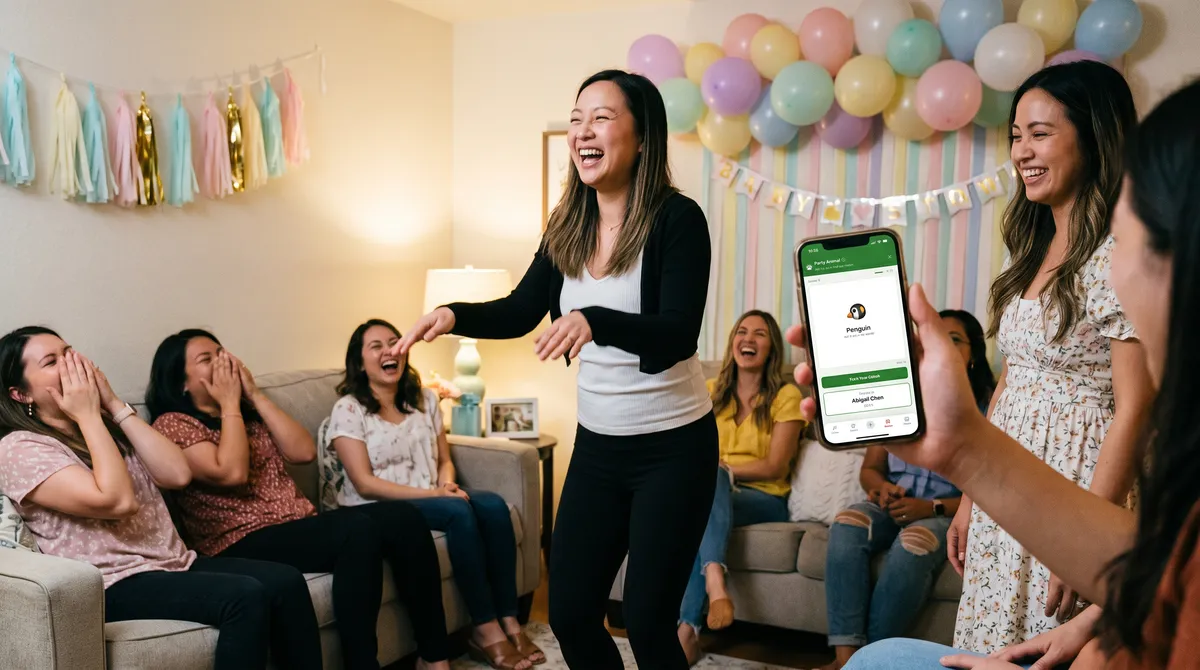 Baby shower guest acting out an animal while others laugh and watch