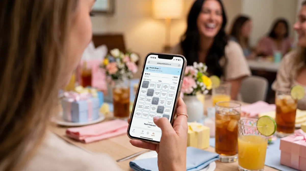 Guests at a baby shower playing People Bingo on their phones