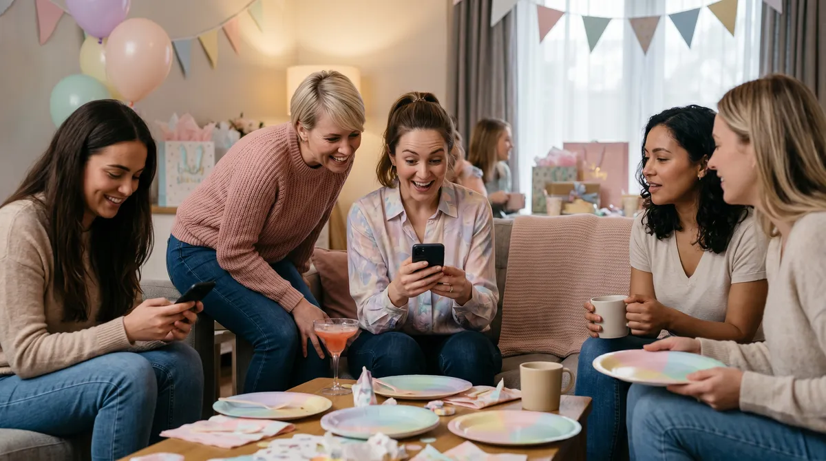 Baby shower celebration table with pastel decorations and guests on their phones