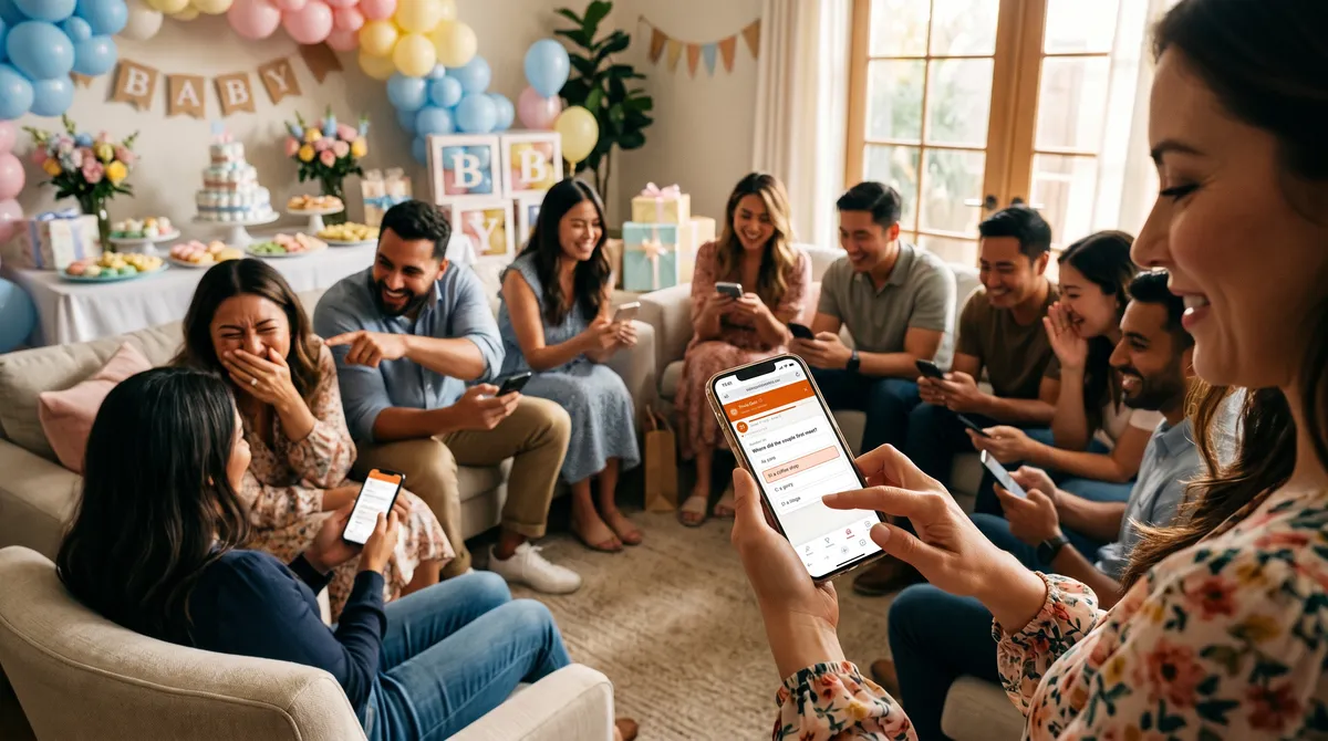 Baby shower guests laughing and playing trivia on their phones