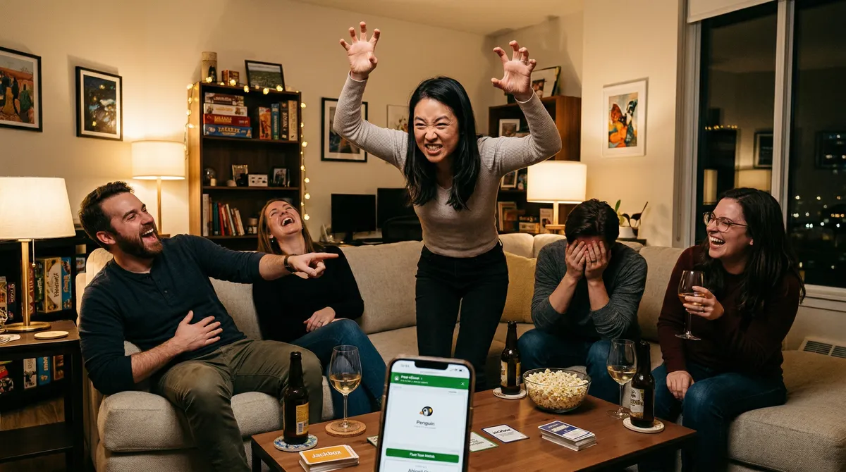 Person doing a hilarious animal impression while friends laugh at a party