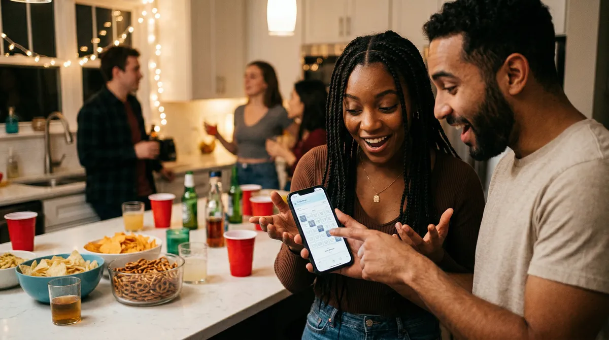 Two guests at an event laughing while playing People Bingo on their phones