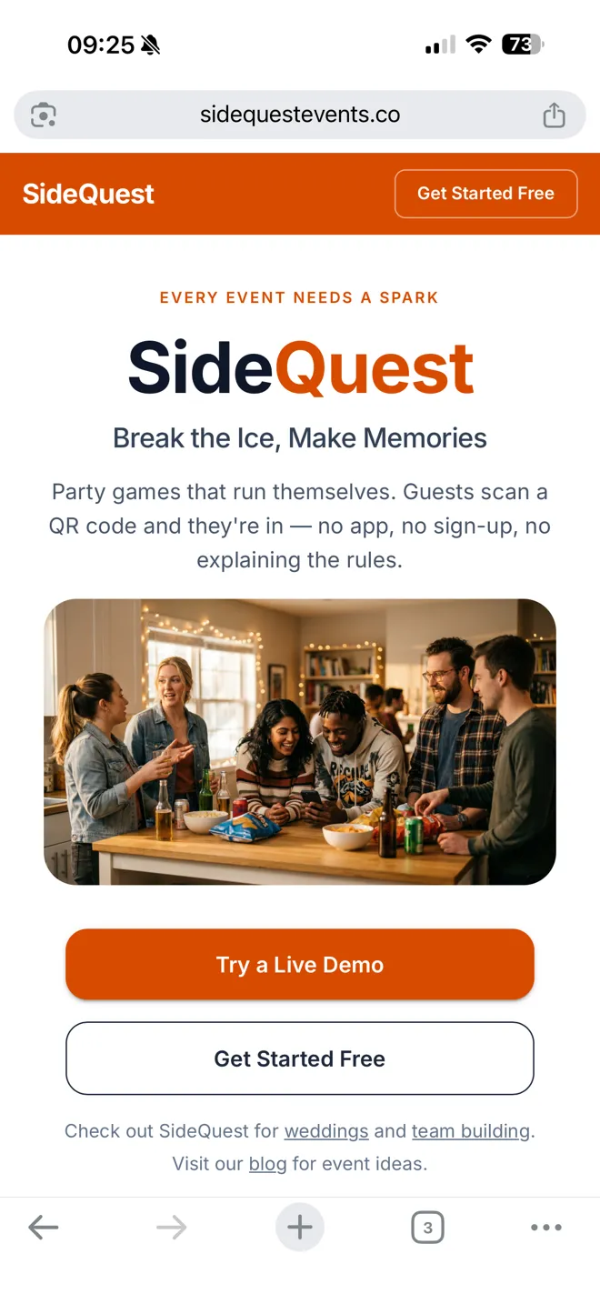 SideQuest landing page with Get Started Free button in the top right