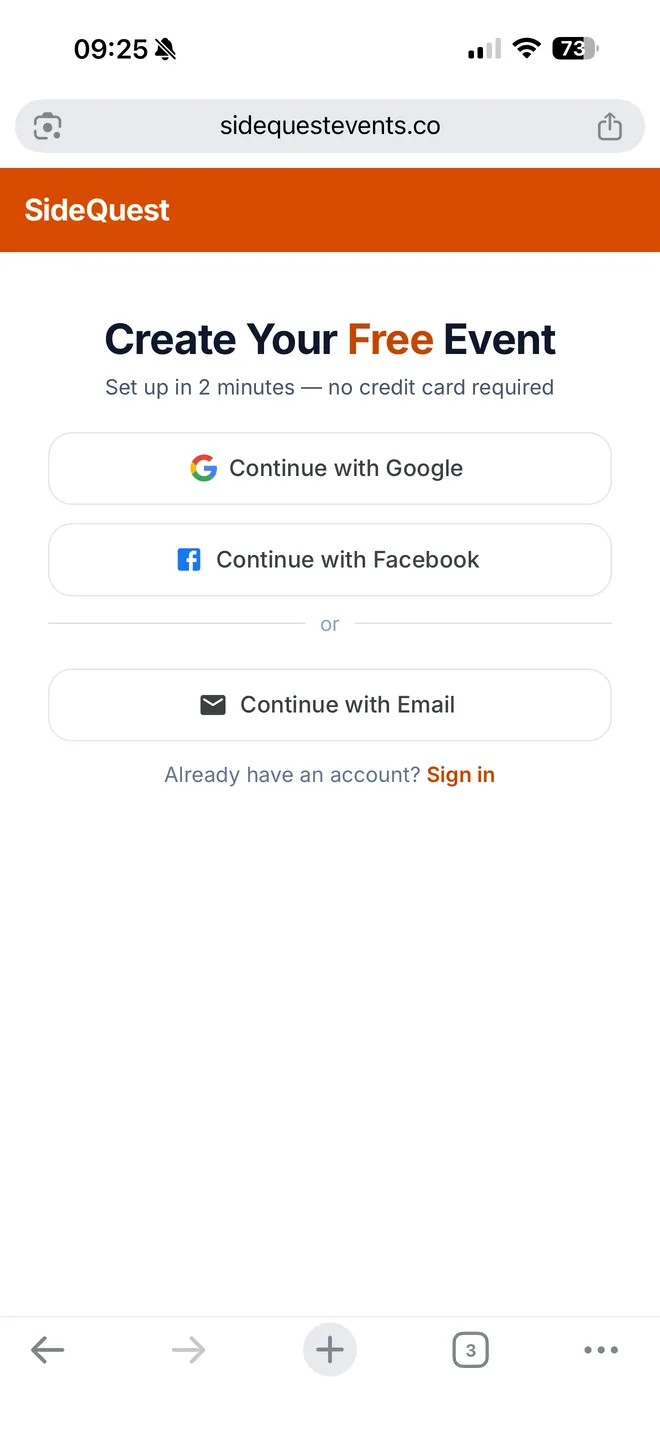 Sign-up page with Google, Facebook, and email options