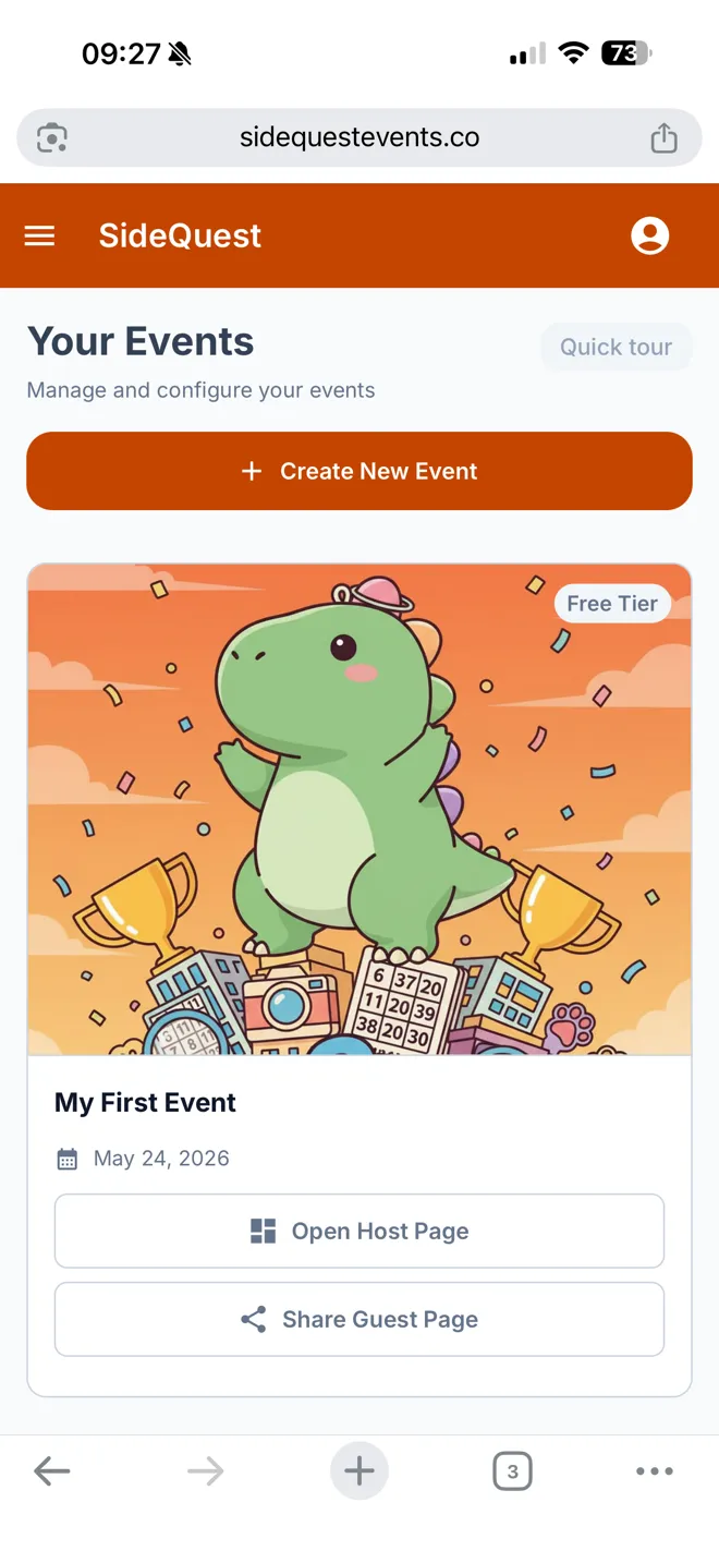 Admin dashboard showing a newly created event