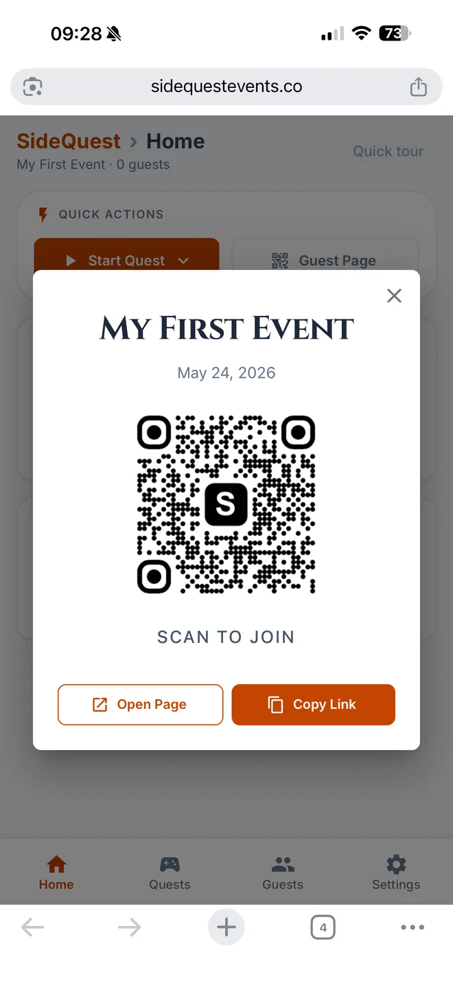 Event QR code with Copy Link button for sharing