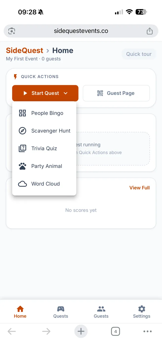 Host page showing Start Quest dropdown with ice breaker options