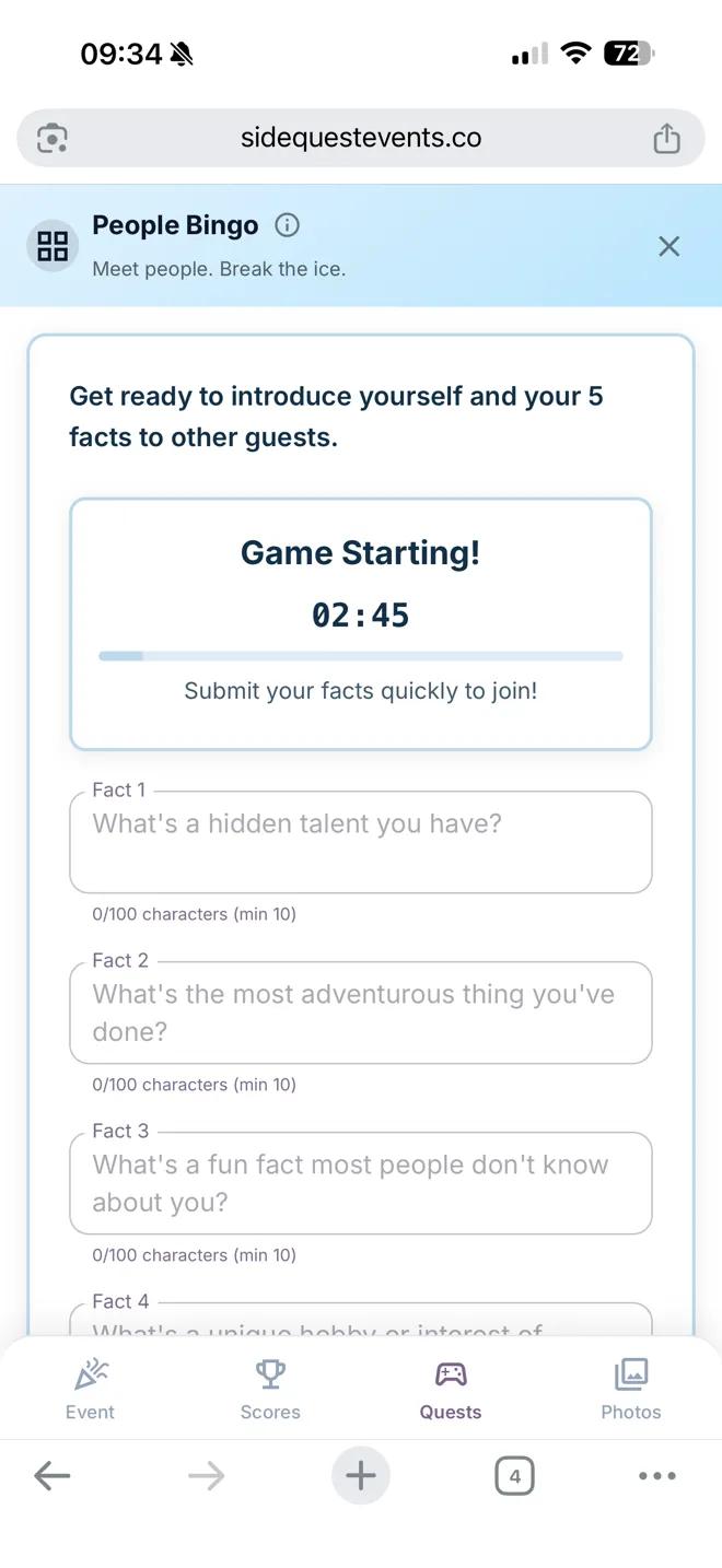 Guest view showing People Bingo in countdown mode