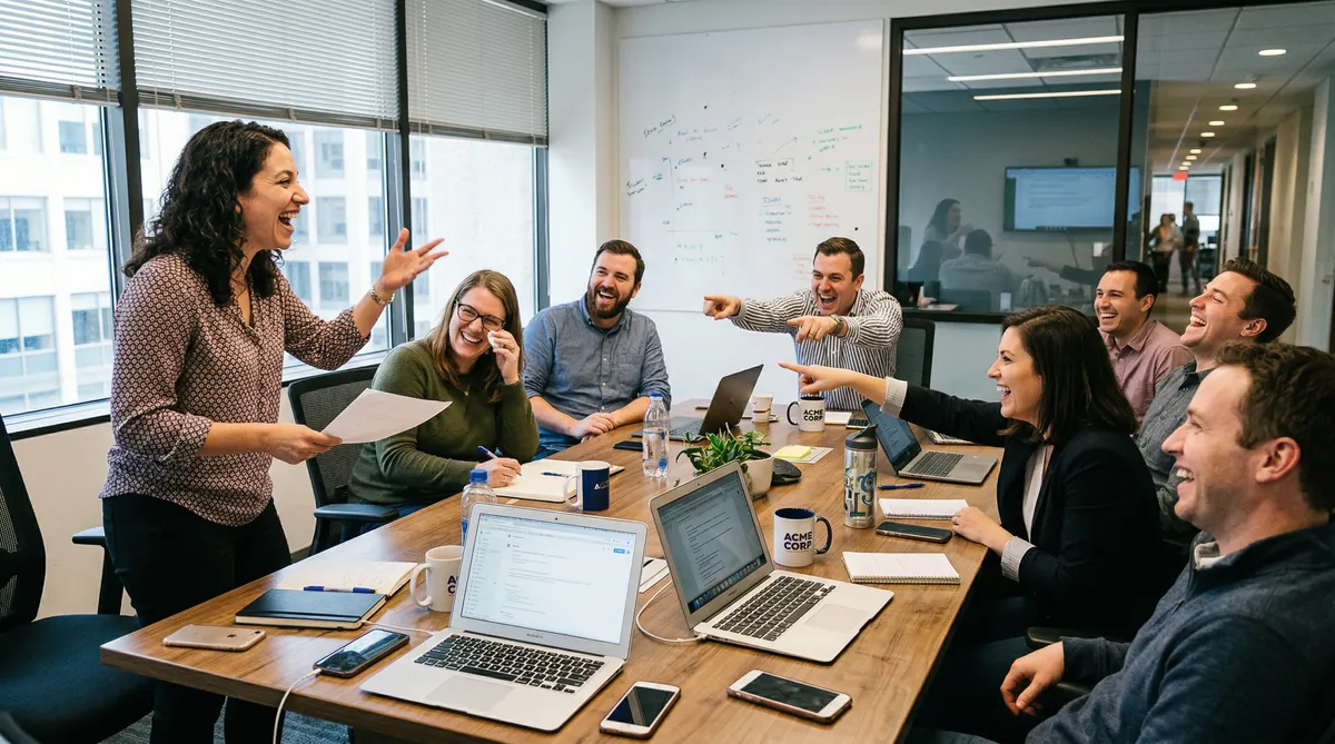 Remote team laughing during a virtual meeting game