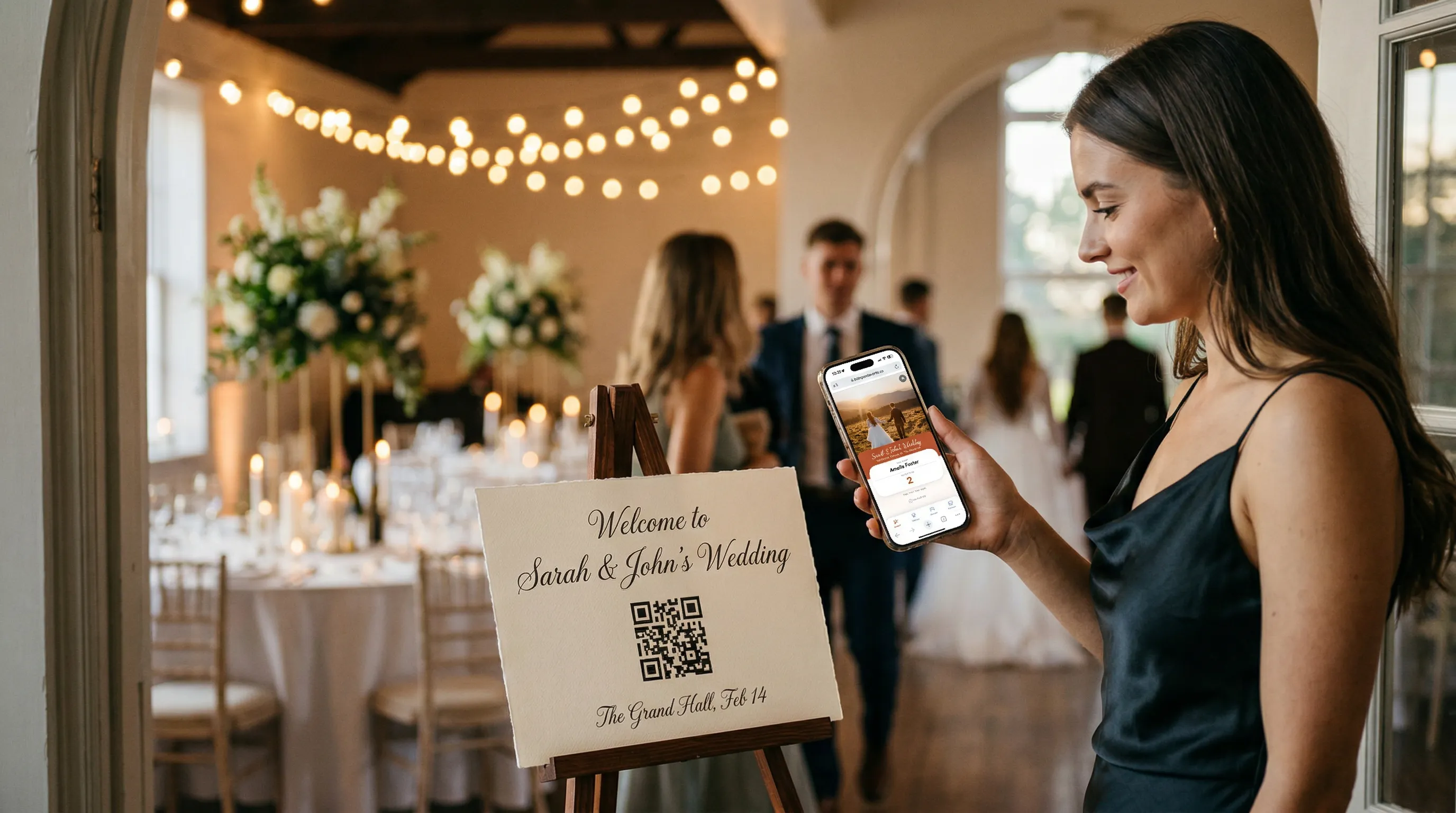 Wedding guest scanning a QR code on an easel to find their table at a reception