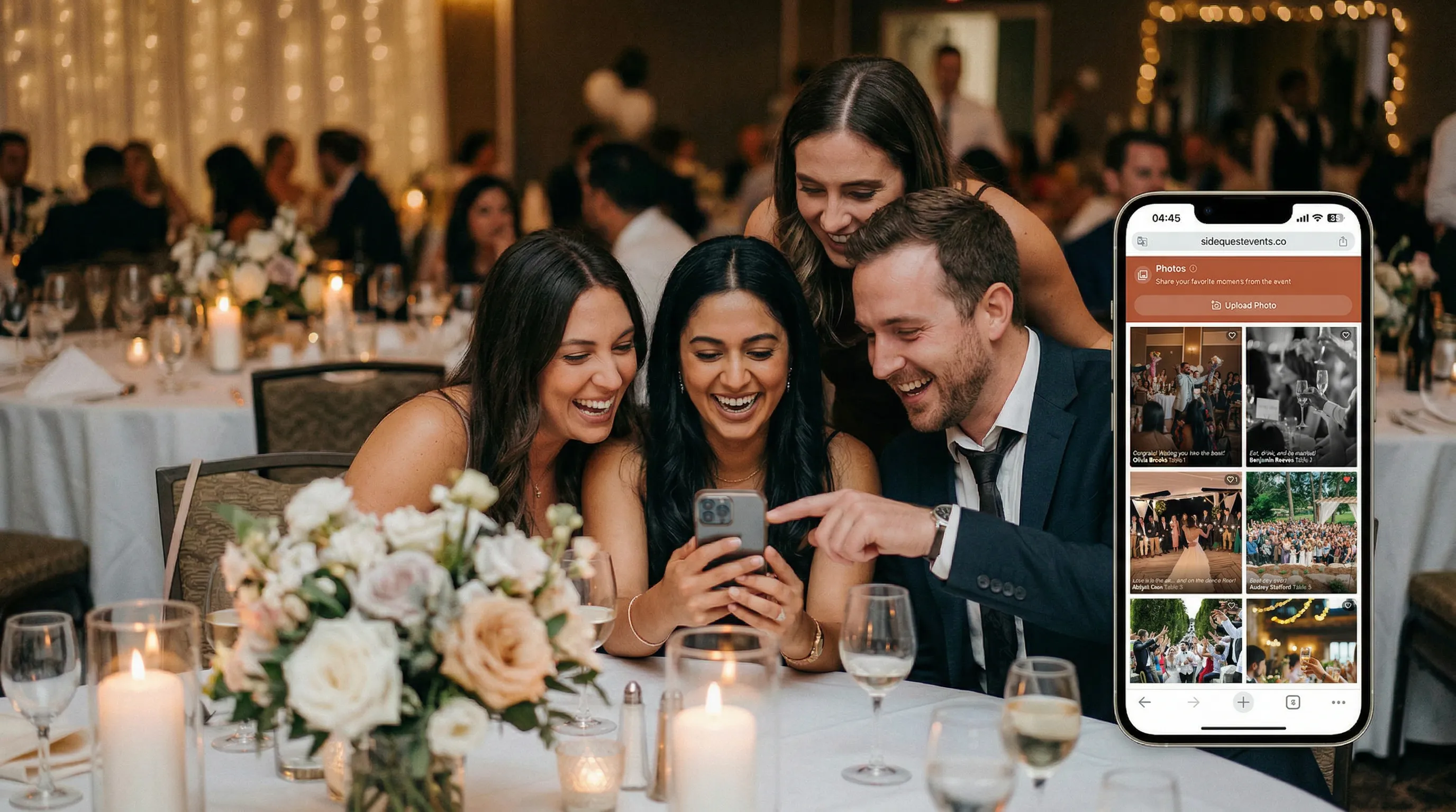 Wedding guests taking photos and uploading them to a shared photo wall displayed on a screen