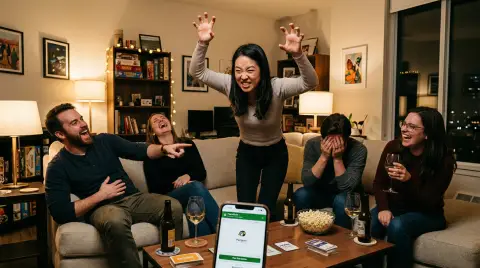 Person doing an animal impression at a game night while friends laugh on the couch