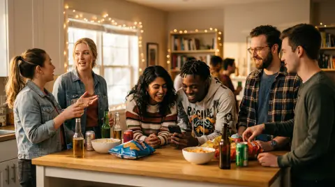 A group of people laughing together while playing ice breaker games on their phones