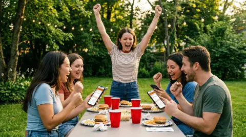 Friends at a backyard BBQ competing in trivia on their phones