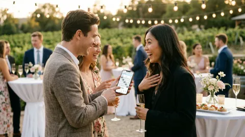 Two wedding guests laughing together while playing People Bingo on their phones at a cocktail hour