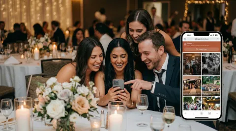 Wedding guests huddled together browsing shared photo wall on a phone at the end of the night