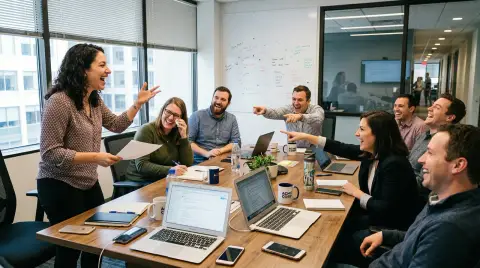 Colleagues laughing together during a team ice breaker in a modern office