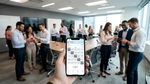 Colleagues playing People Bingo together at an office team event